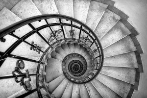 The beautiful spiral staircase inside St. Stephen's Basilica in Budapest.