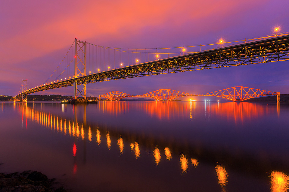 The Forth Road and Rail bridges during the blue hour, I was really lucky to get a calm evening for some nice reflections! - Forth Bridges, Firth of Forth, Scotland