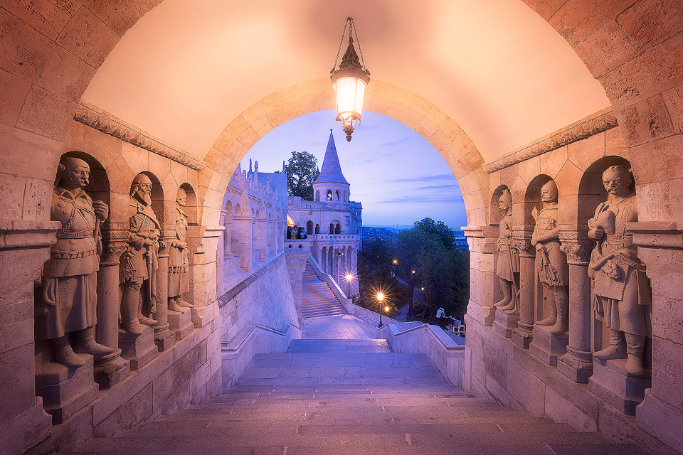 Statues of the Árpád dynasty kings at the gate to the Fisherman's Bastion during the blue hour, Budapest, Hungary.