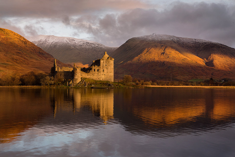 Kilchurn Castle at Dawn reflected in the Loch - Scotland Photography