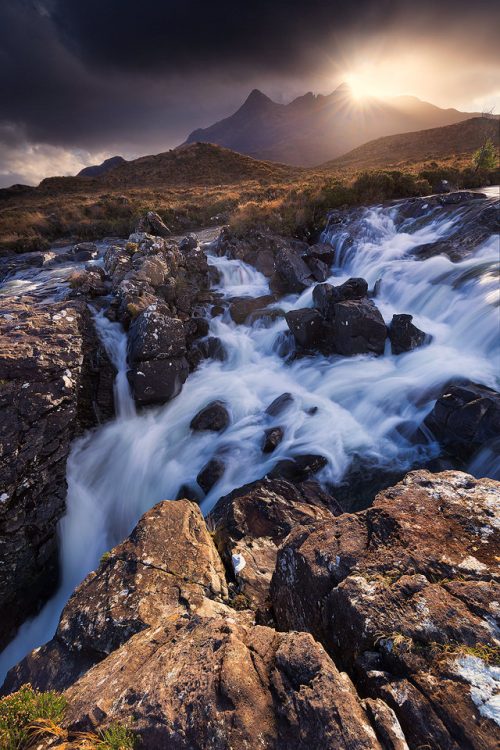 One of the dramatic cascades on Alt Dearg Mor looking towards Sgurr nan Gilean, one of the most famous Cuillin peaks.