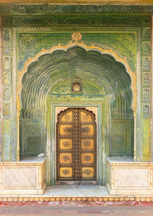 The Green gate, or Leheriya gate, representing Spring and dedicated to Lord Ganesha. Pritam Niwas Chowk, City Palace, Jaipur, India.