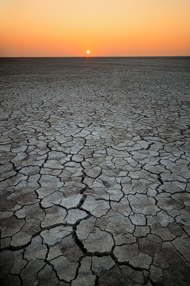 Sunset on the dry desolate Rann. Little Rann of Kutch, Gujarat, India. The Little Rann of Kutch (LRK) is a unique habitat comprising of saline desert plains, thorny scrubland, arid grasslands, wetlands and marshes.